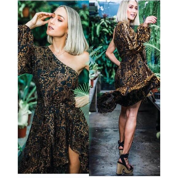 Hemant & Nandita Inara Flocked Lurex Chiffon Midi Dress In Gold Size XS - Picture 1 of 14